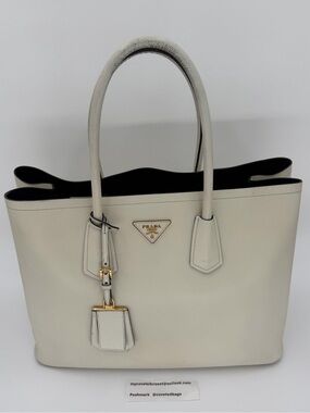 Prada Saffiano Leather Cuir Double Tote Cream with Gold Hardware- Entrupy COA.